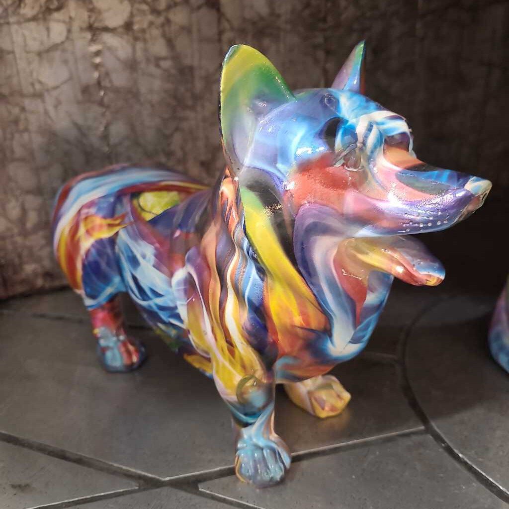 Hand Painted Smoke Art Corgi Sculpture - 10" Long