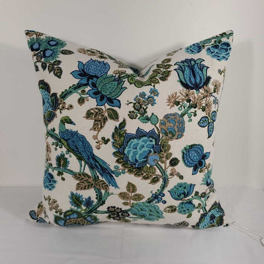 Pillow - vintage chintz floral w birds, blue and green