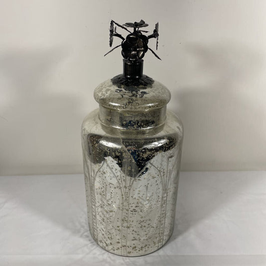 MERCURY GLASS JAR W/METAL FLOWER HANDLE