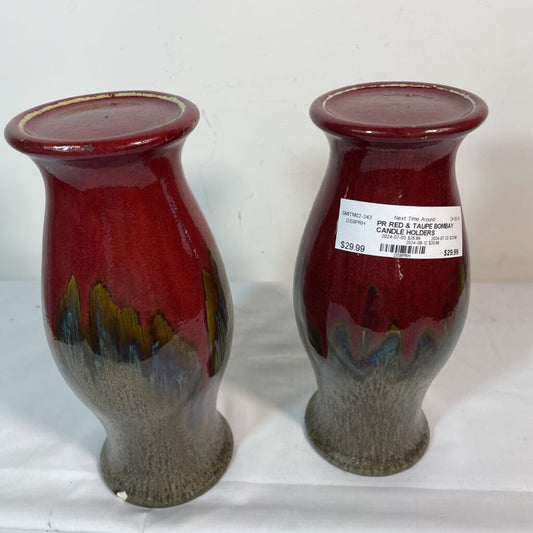 PR RED & TAUPE BOMBAY CANDLE HOLDERS