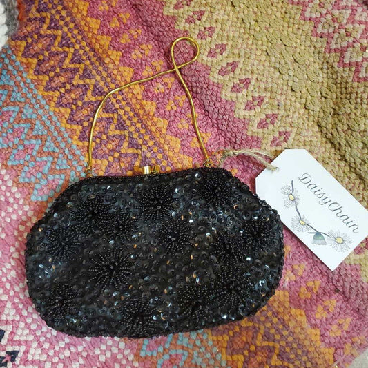 Evening bag - Vintage 1950's black beaded gold with crystal closure & strap