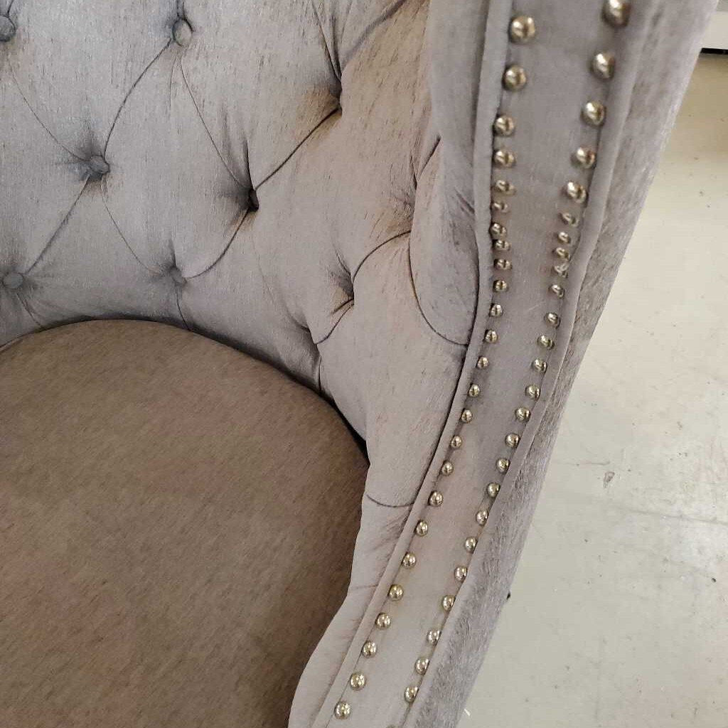 GREY STUDDED & TUFTED WINGBACK CHAIR