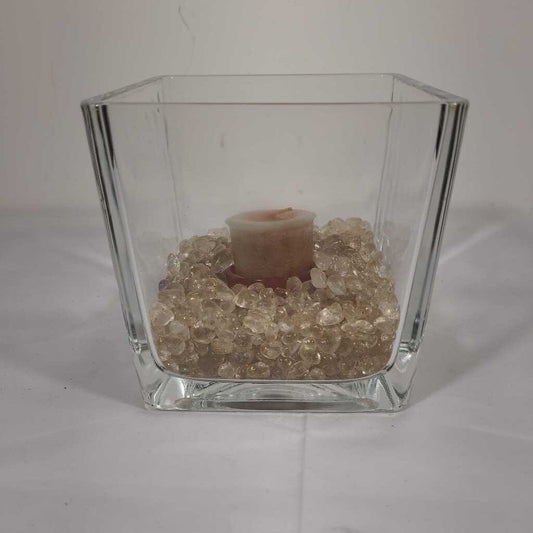 SQ GLASS CANDLE HOLDER W/DEC STONES