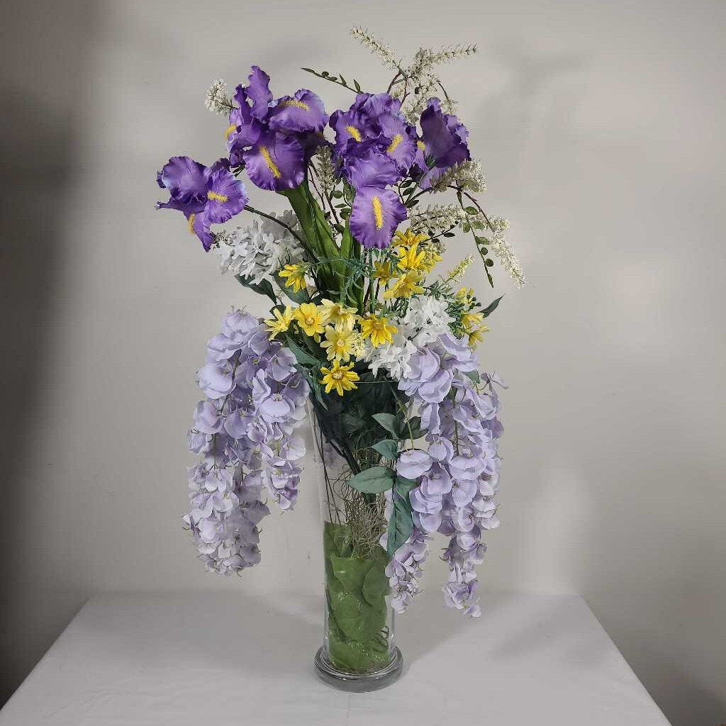 FAUX YELLOW & PURPLE GREENERY IN GLASS VASE