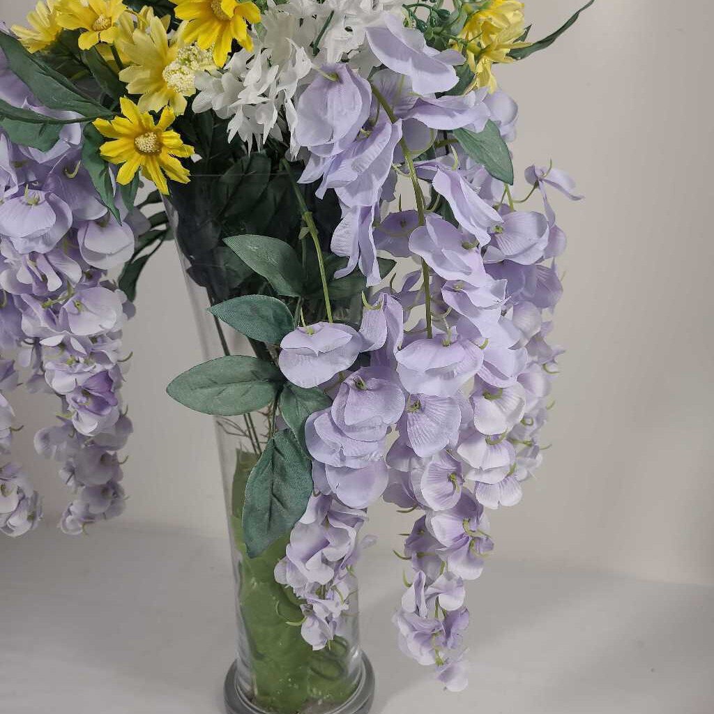 FAUX YELLOW & PURPLE GREENERY IN GLASS VASE