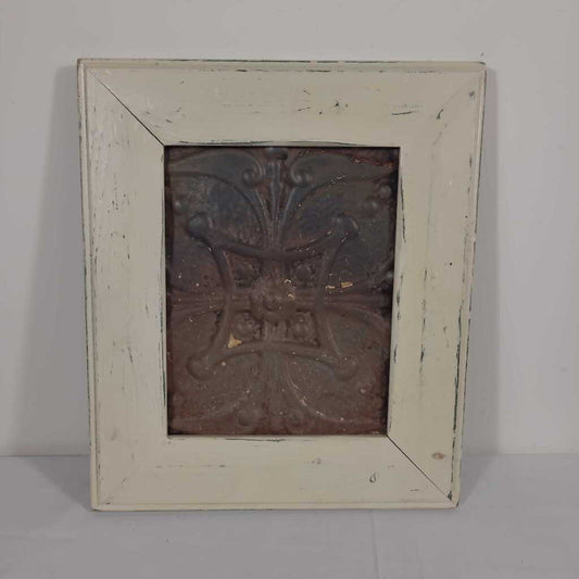 WHITE DISTRESSED FRAMED TIN WALL ART