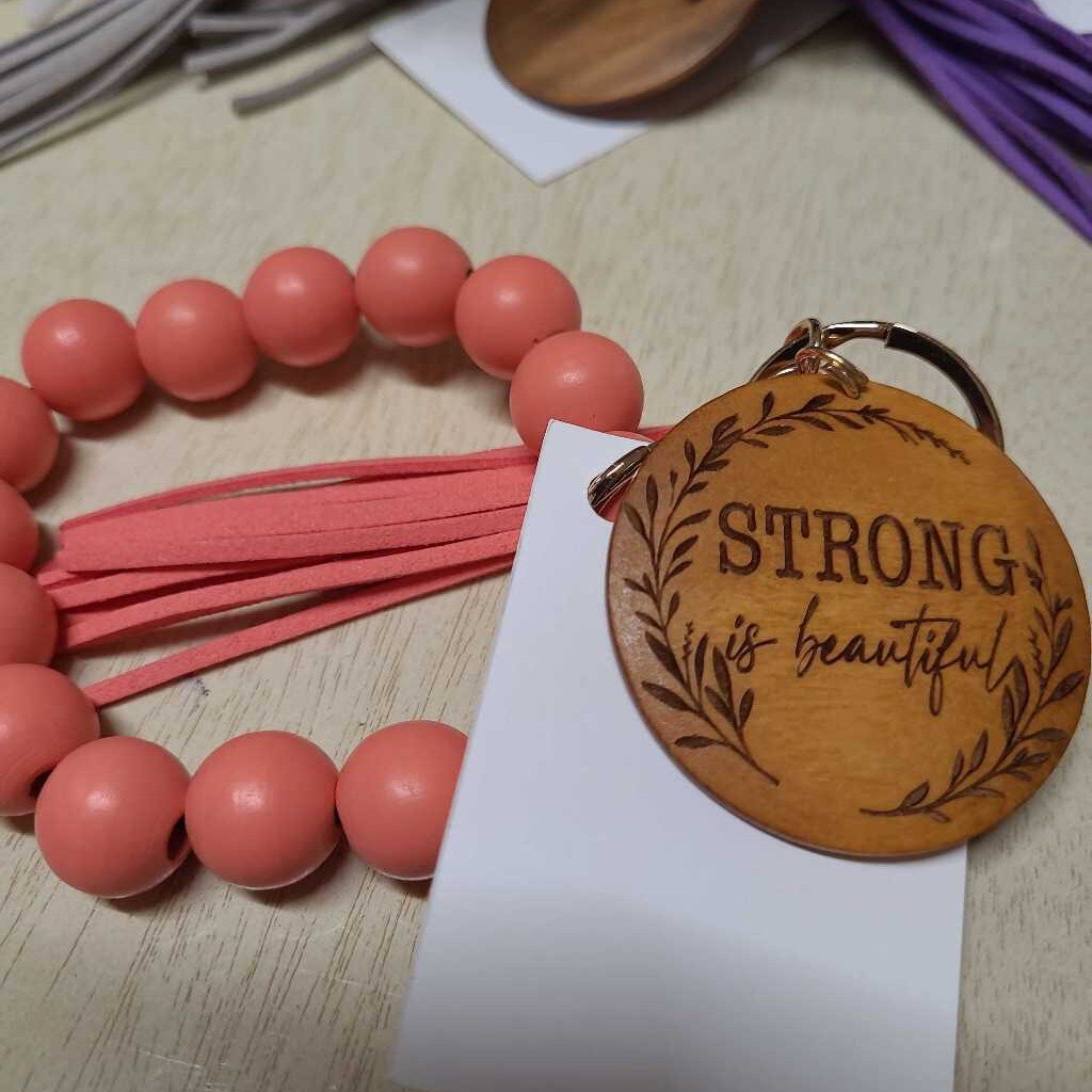 Wood/Silicone Bead Keychain Wristlet: STRONG IS BEAUTIFUL