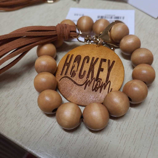 Wood/Silicone Bead Keychain Wristlet: HOCKEY MOM ....