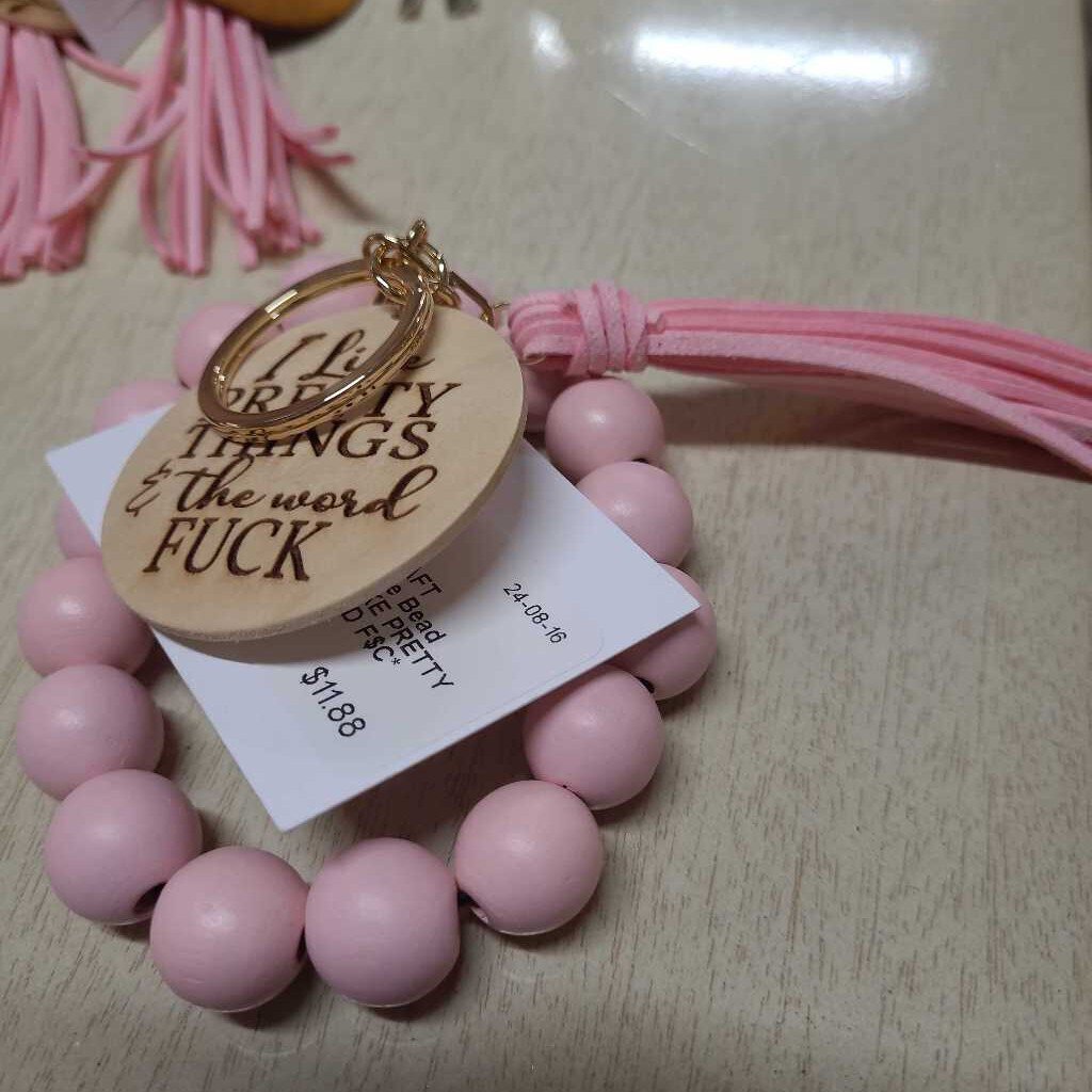 Wood/Silicone Bead Keychain Wristlet: I LIKE PRETTY THINGS AND THE WORD F$C*