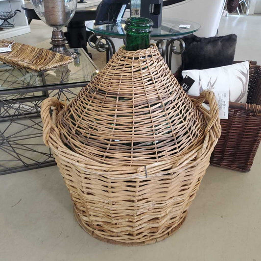 GREEN GLASS DEMIJOHN W/WICKER BASKET