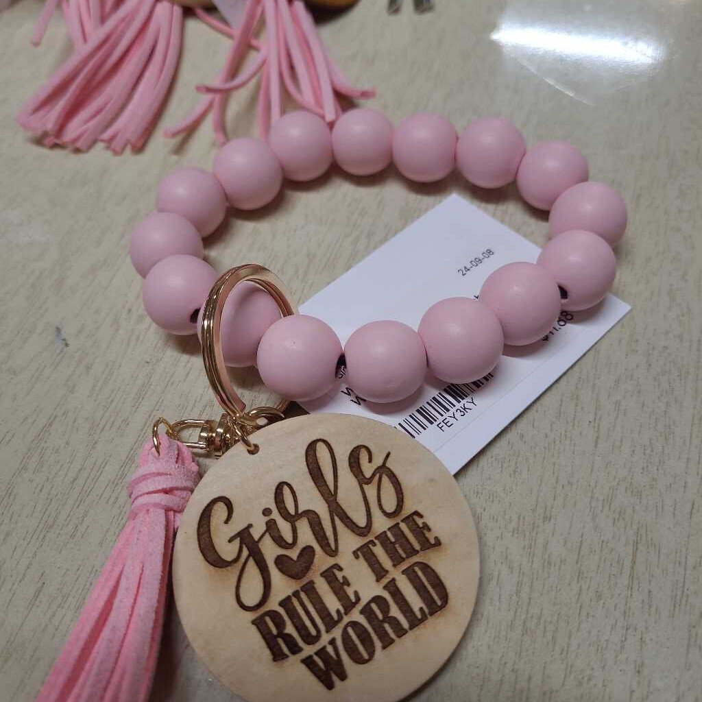 Wood/Silicone Bead Keychain Wristlet: GIRLS RULE THE WORLD