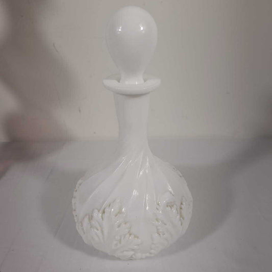 VTG SPIRAL EMBOSSED LEAF MILK GLASS BARBERS BOTTLE