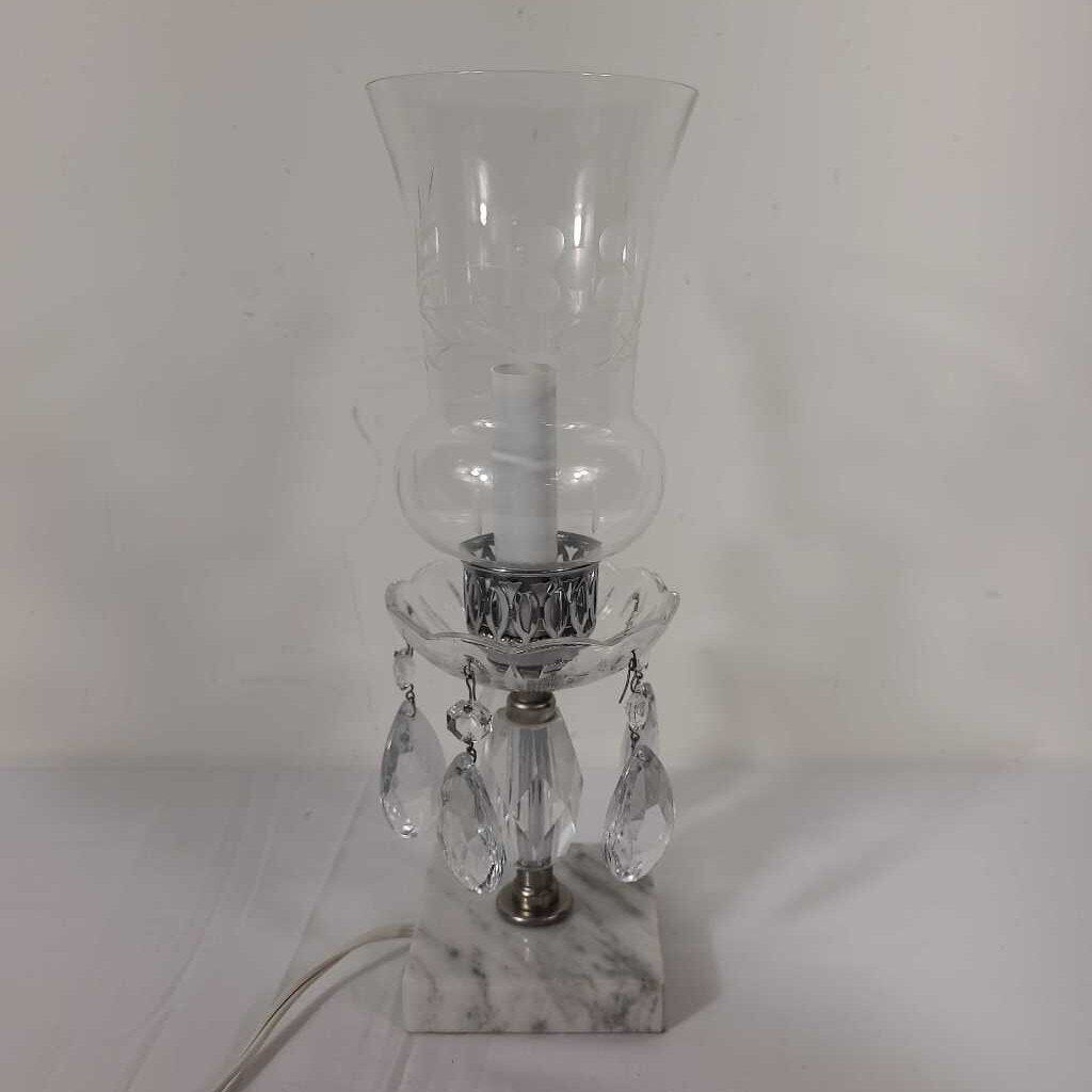 VTG CRYSTAL HURRICAN LAMP W/MARBLE BASE