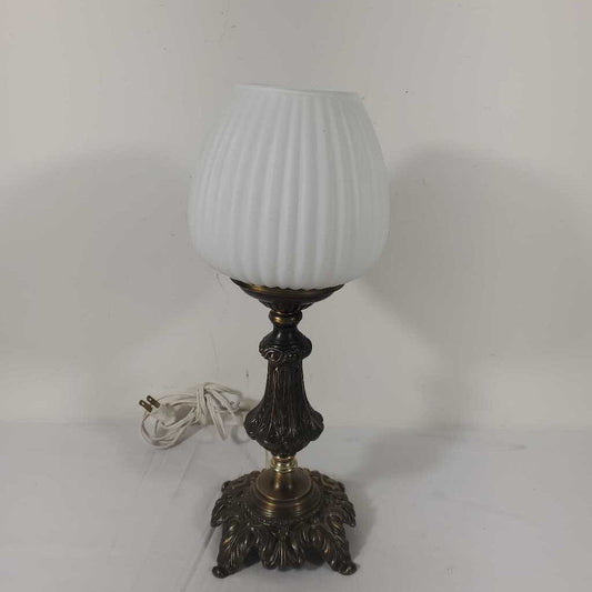 BRASS LAMP W/WHITE GLASS SHADE