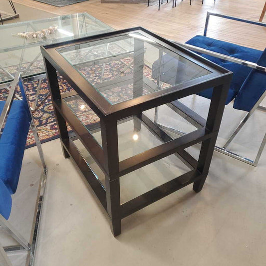 3 TIER GLASS & WOOD ACCENT TABLE