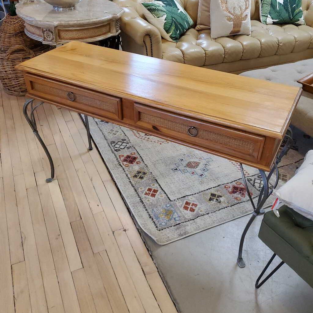 PINE HALL TABLE W/METAL LEGS