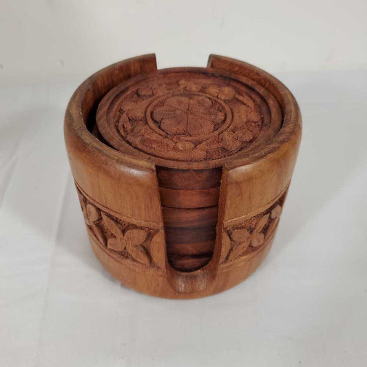 S/6 CARVED COASTERS IN HOLDER