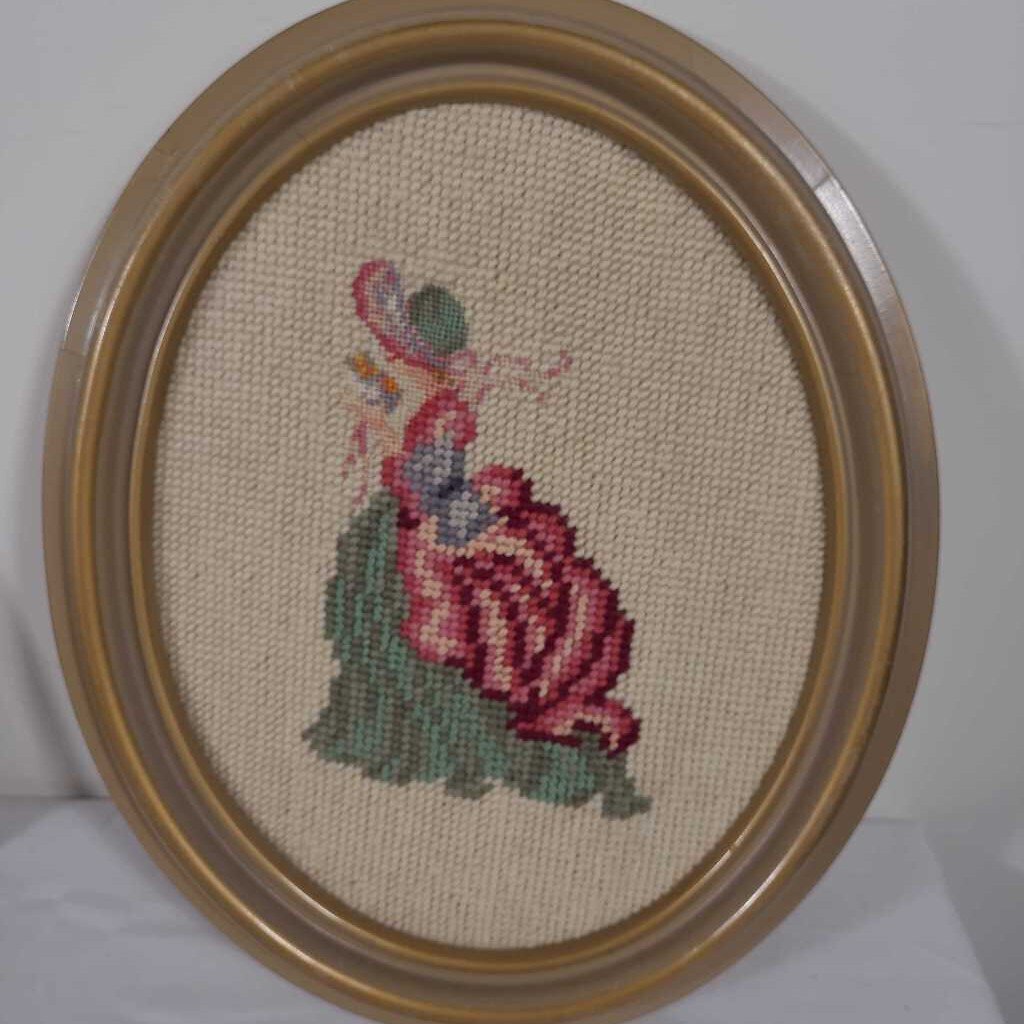 VTG NEEDLE POINT IN OVAL FRAME~WOMAN