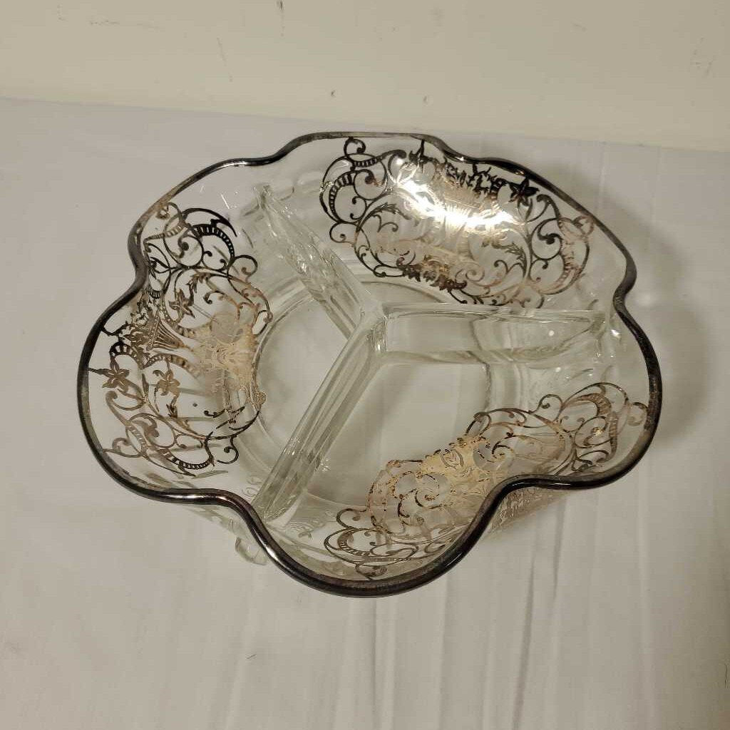 DIVIDED PICKLE DISH W/SILVER DESIGN