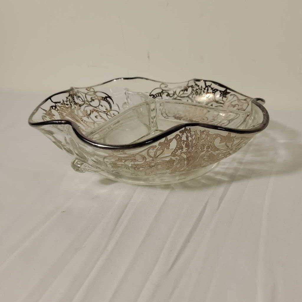 DIVIDED PICKLE DISH W/SILVER DESIGN