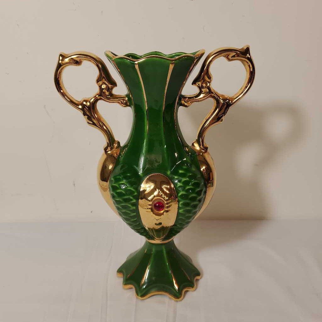 VTG ITALIAN GREEN & GOLD VASE