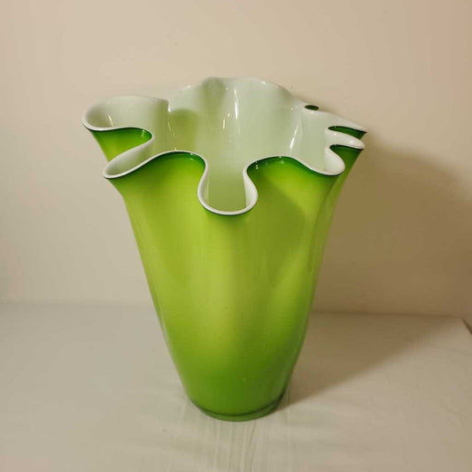 GREEN GLASS RUFFLE VASE