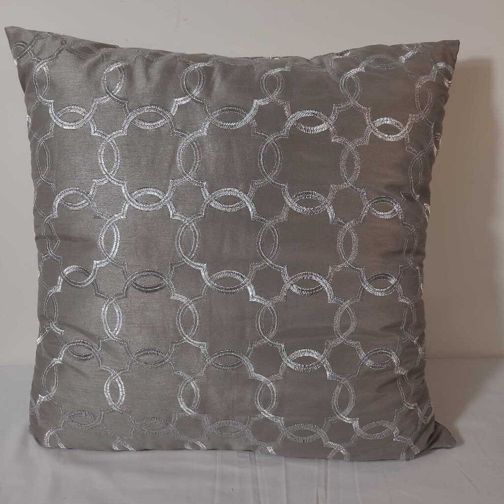 GREY SATIN PILLOW W/SILVER STITCHING