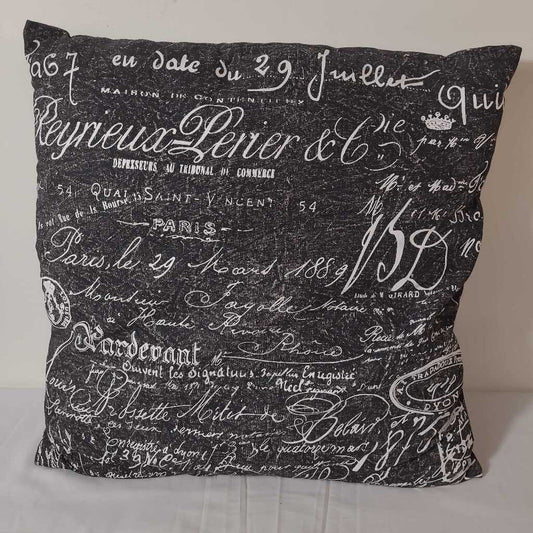 BLACK PILLOW W/FRENCH SCROLL