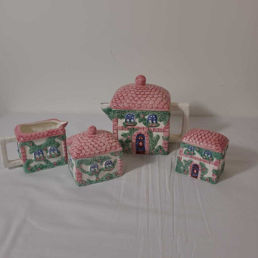 S/5 CERAMIC COTTAGE TEAPOT, CREAM & SUGAR, SALT & PEPPER