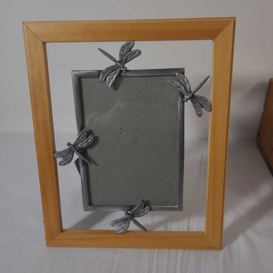 PEWTER & WOOD PHOTO FRAME - DRAGONFLY