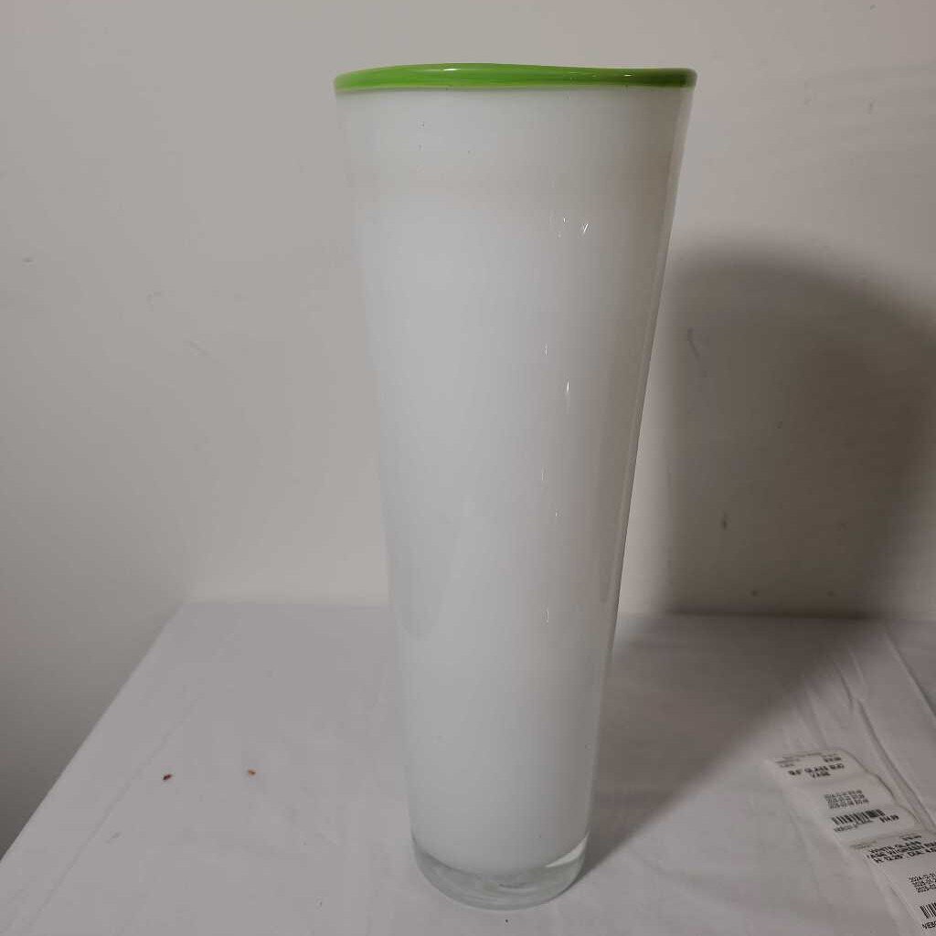 WHITE GLASS VASE W/GREEN RIM