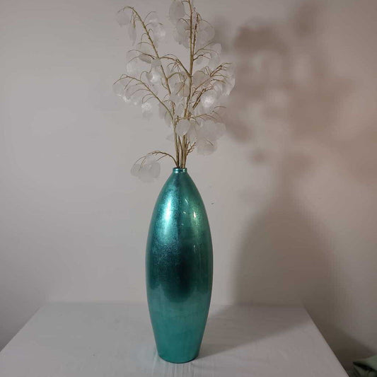 PIER 1 TEAL VASE W/SILVER DOLLARS