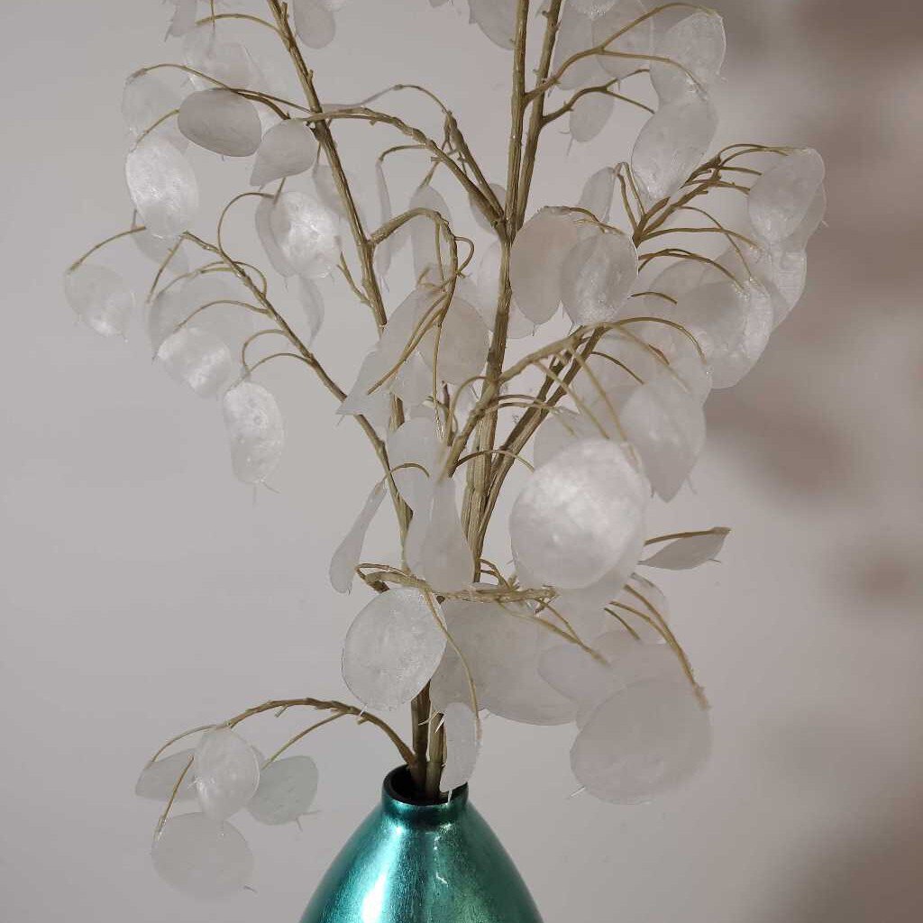 PIER 1 TEAL VASE W/SILVER DOLLARS