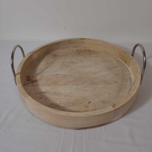 14.5"D WOOD TRAY WITH METAL HANDLES