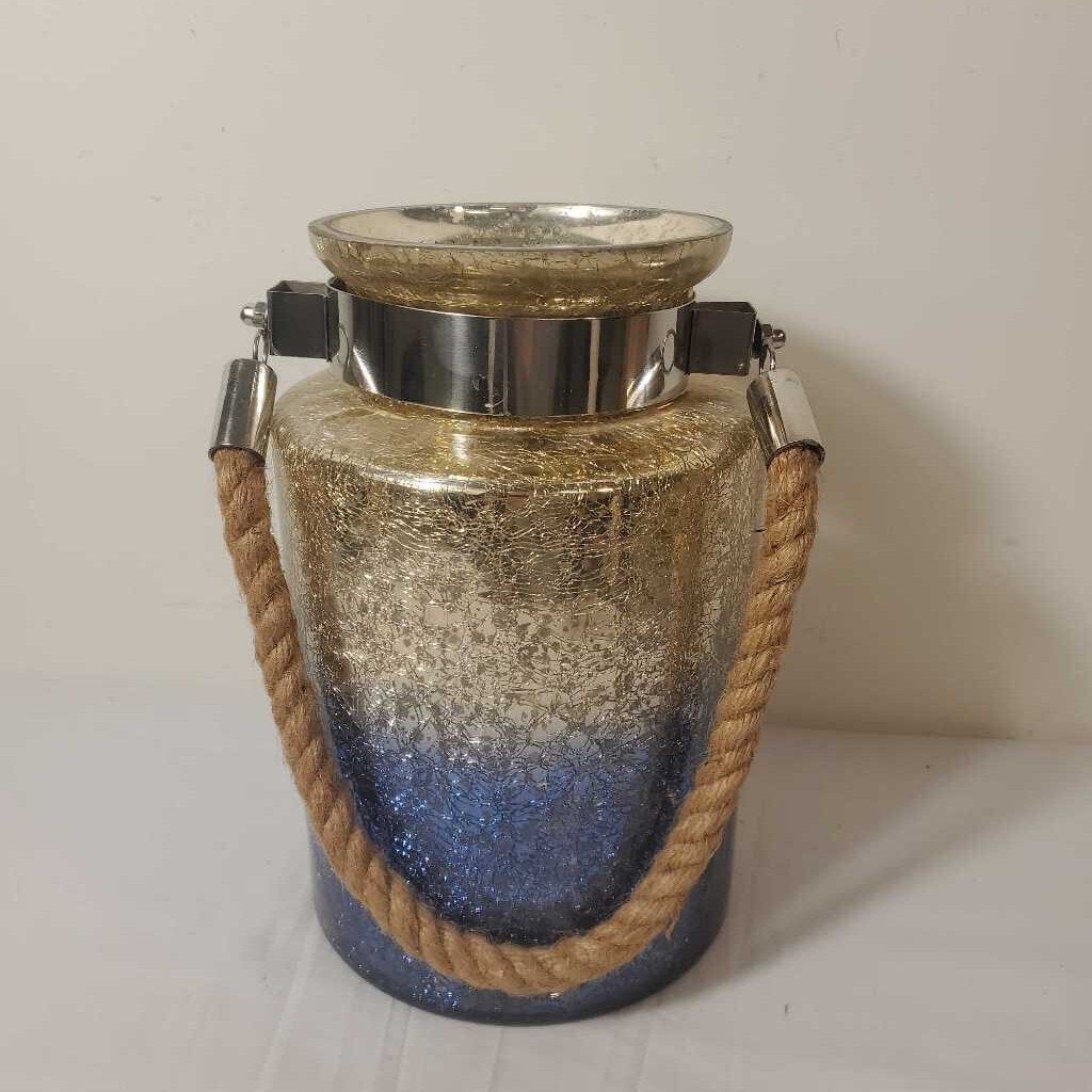 GOLD & BLUE GLASS JAR W/ROPE HANDLE