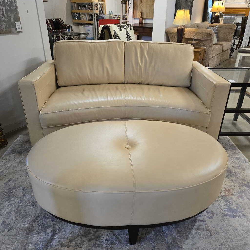 DECORIUM CURVED LEATHER LOVESEAT & OTTOMAN