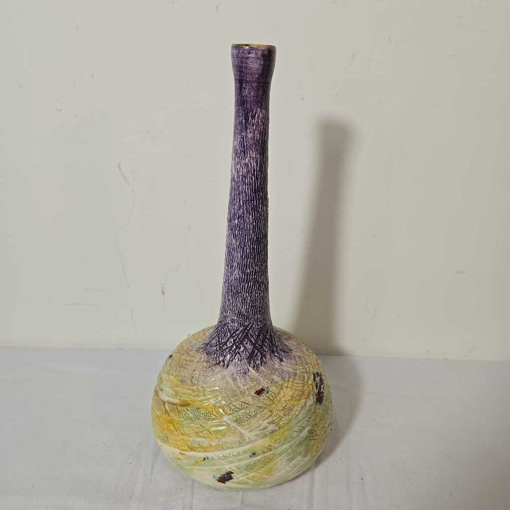 HAND MADE YELLOW & PURPLE POTTERY BUD VASE