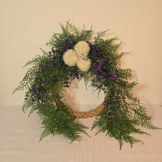 ROPE WREATH W/FERN & PURPLE FLOWERS