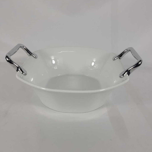 WHITE SERVING DISH W/SILVER HANDLES