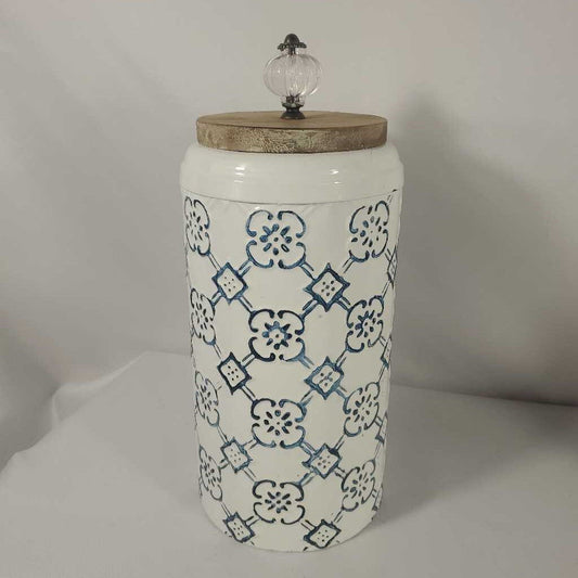 BLUE & WHITE TIN JAR W/WOOD LID