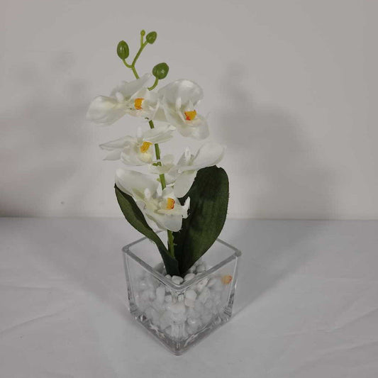 FAUX WHITE ORCHID IN GLASS POT