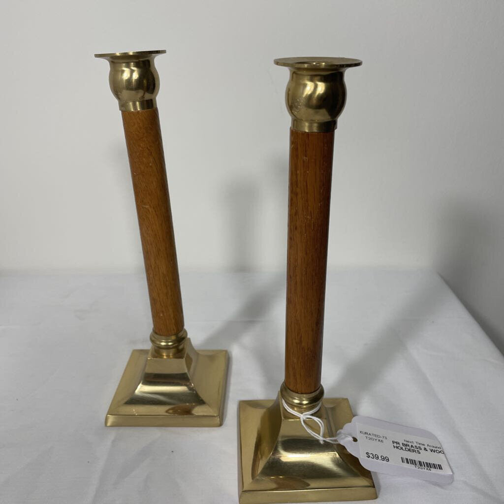 PR BRASS & WOOD CANDLE HOLDERS