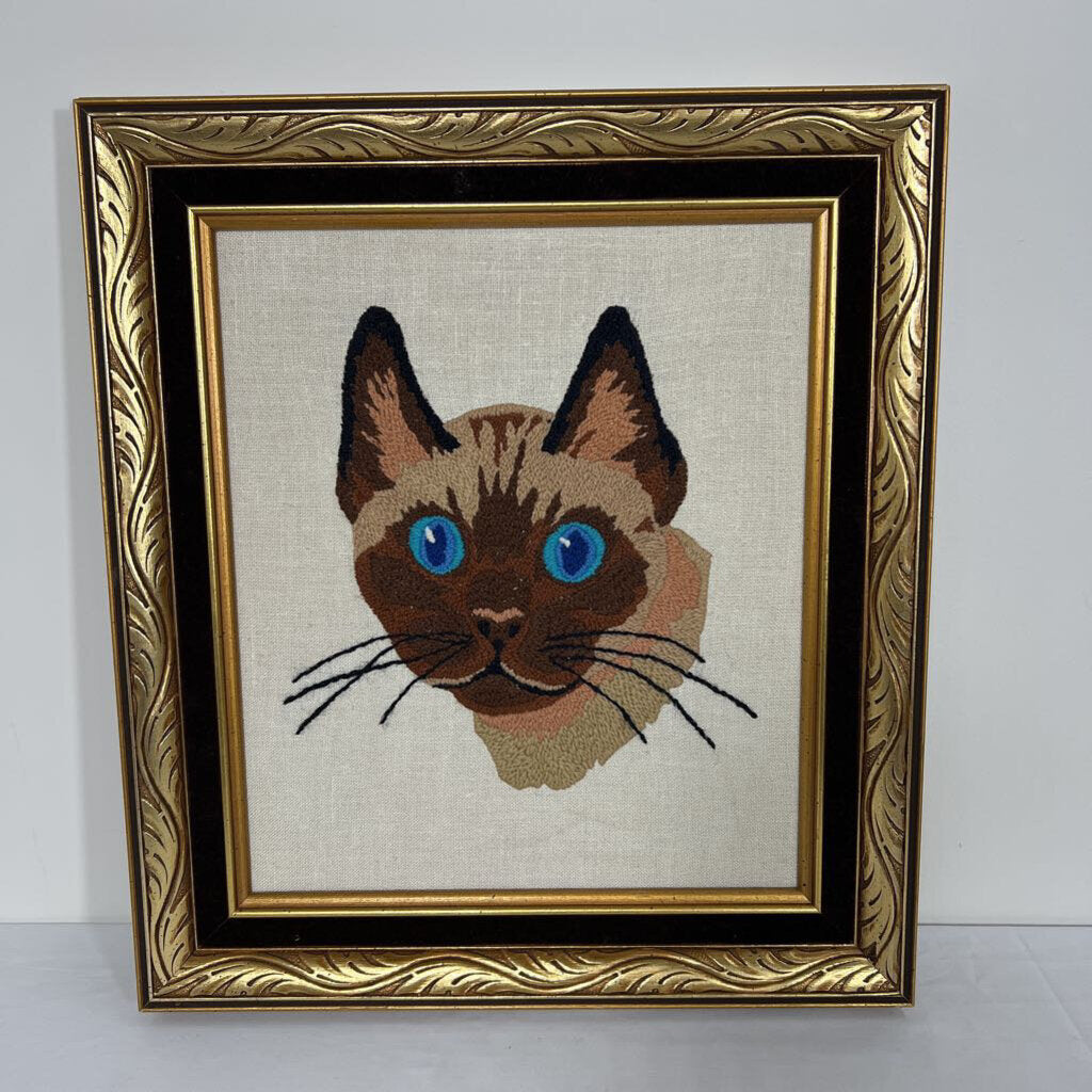 FRAMED VINTAGE CAT CREWEL ART