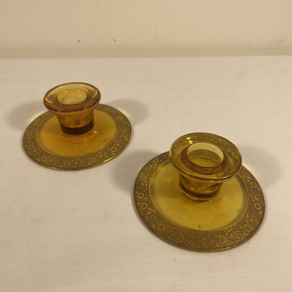 PAIR OF AMBER GLASS CANDLE HOLDERS