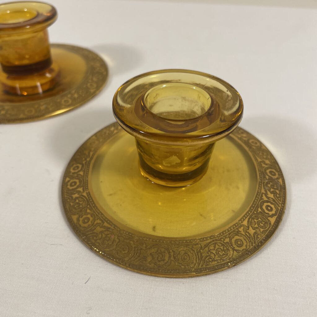 PAIR OF AMBER GLASS CANDLE HOLDERS