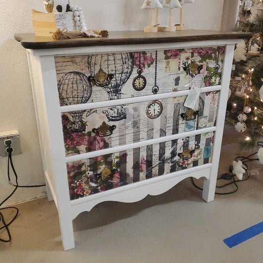 NEWLY DECOUPAGED CLOCK DRESSER