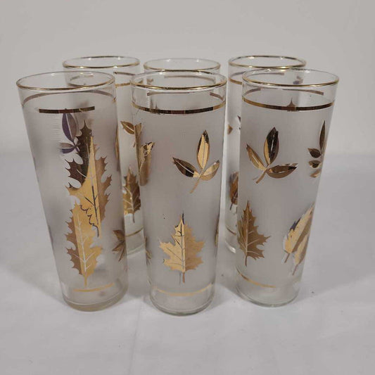 S/6 HOLLYWOOD REGENCY GOLDEN FOLIAGE HIGHBALL GLASSES