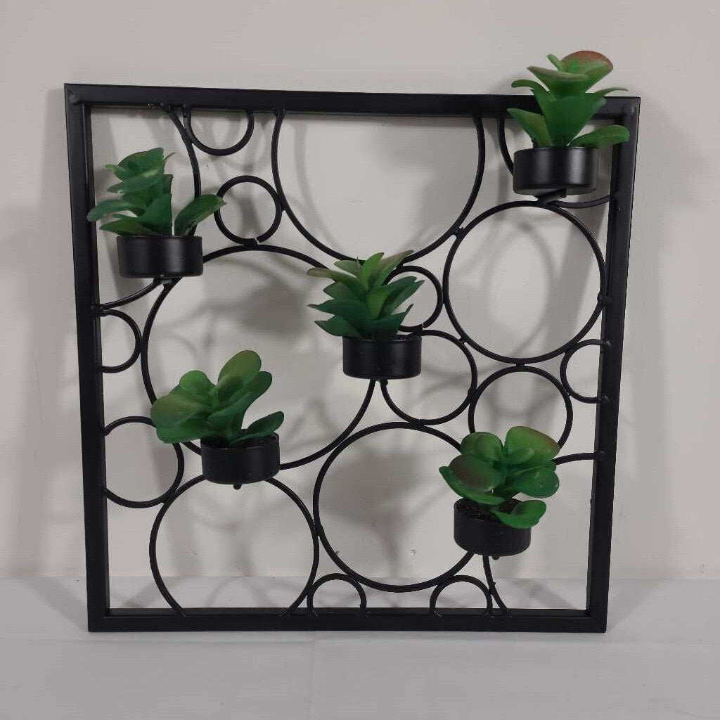 WALL HANGING BLACK METAL CIRCLES W/FAUX SUCCULENTS