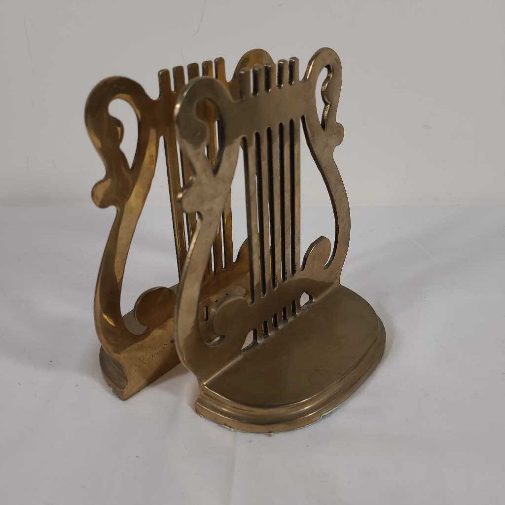 VTG 70'S SOLID BRASS LYRE BOOKENDS